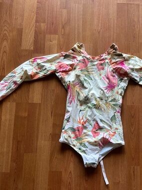 Rip Curl Floral Long Sleeve One-Piece Swimsuit in White, Pink, Green, Orange